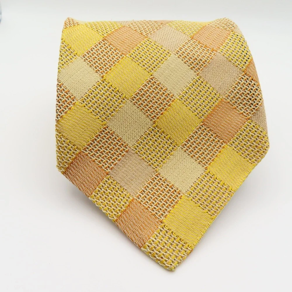 Ermenegildo Zegna Tie Silk Yellow Checkerboard 4" Wide 57" Long Italy - Picture 2 of 7